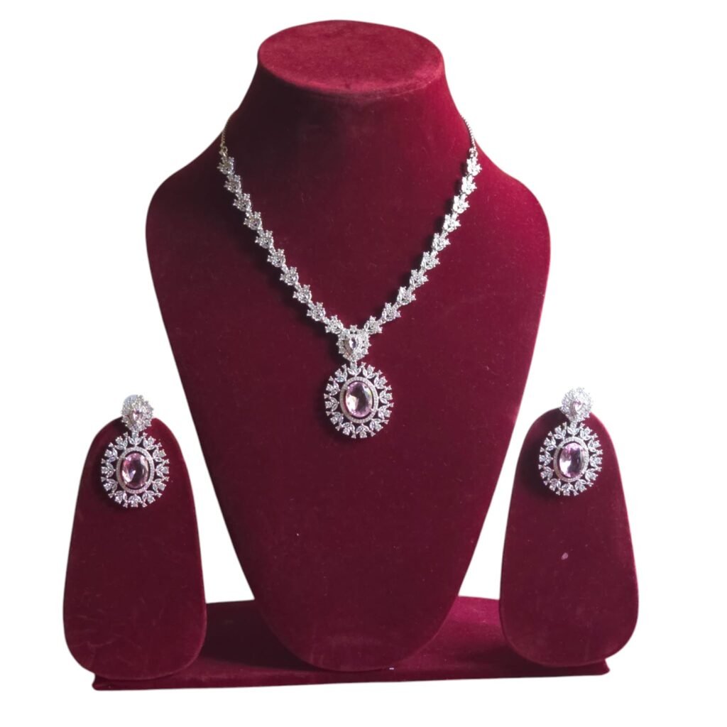 American diamond light pink necklace set